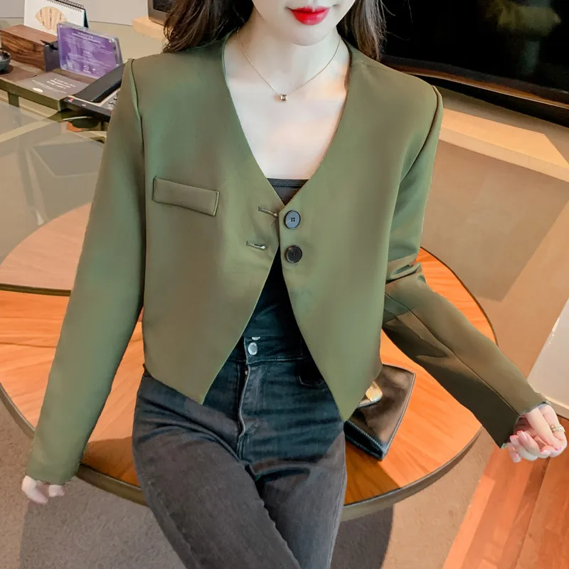 Wanita musim semi dan musim panas Retro kasual lengan pendek Blazer mantel warna Solid Perancis longgar V-neck Single-breasted setelan jaket