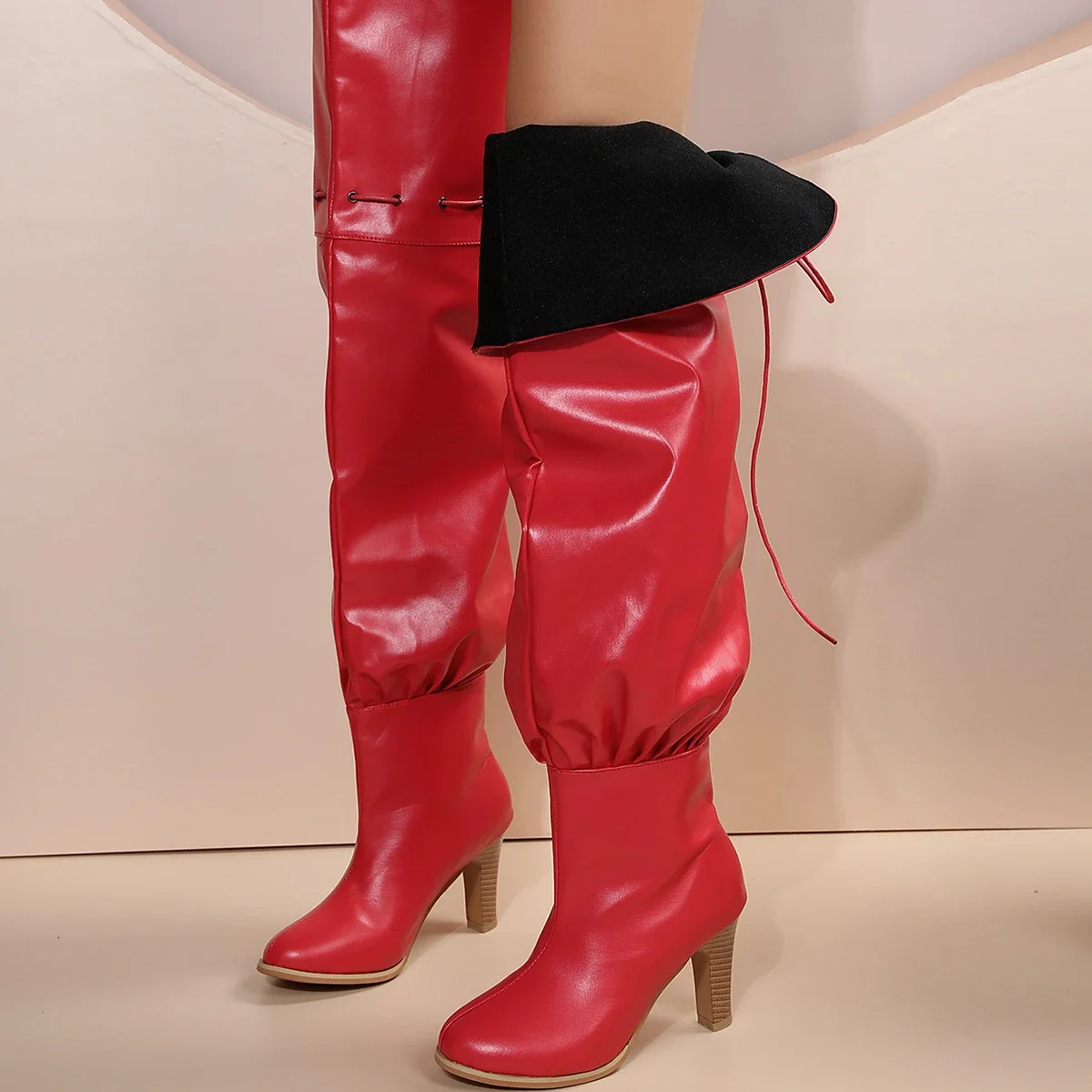 Women Boots Sexy Thigh High Boots Stretch PU Leather Over-the-knee Heeled Boots Black Red Autumn Winter Shoes Plus Size 34-43