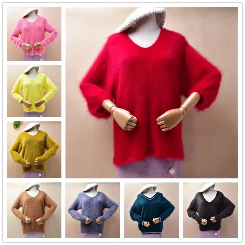 Ropa de Otoño Invierno para mujer, Jersey holgado con pelo de conejo de Angora rojo tejido con cuello en V y mangas tres cuartos, Jersey