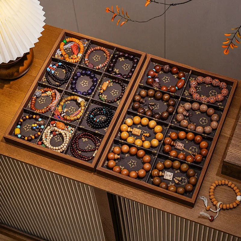 Walnut Wood Jewelry Storage Display Tray Bracelet Bangle Walnut Bead Ornament Collection Wooden Organizer Box Grid