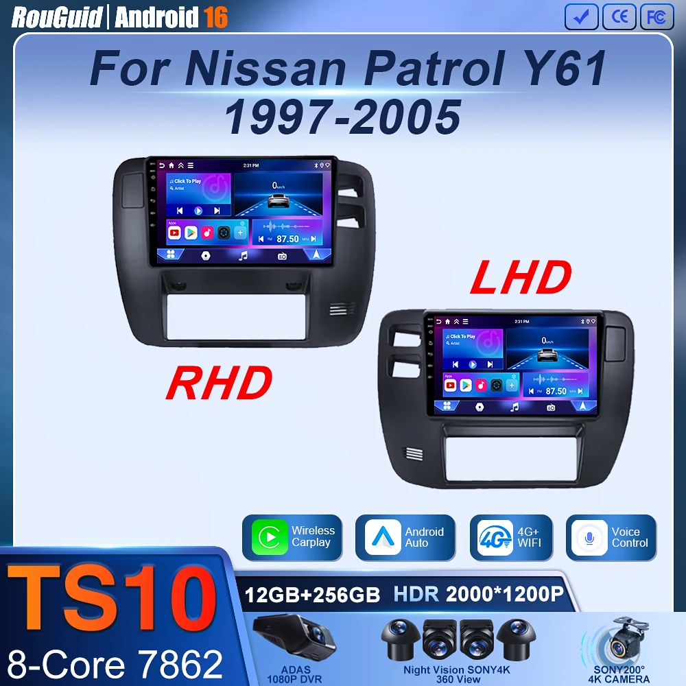 Android 16 Radio Stereo Bluetooth For Nissan Patrol Y61 1997-2005 Auto Multimedia Player GPS Navigation High-Performance CPU 4G