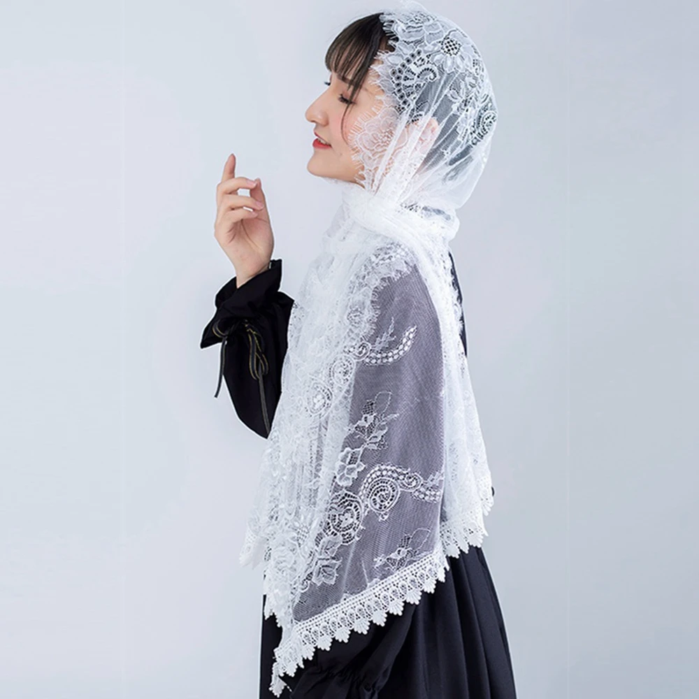 Women White Embroidered Veil Traditional Catholic Whites Lace Mass Head Covering Scarf Church Prayer Wedding Chapel Hijab