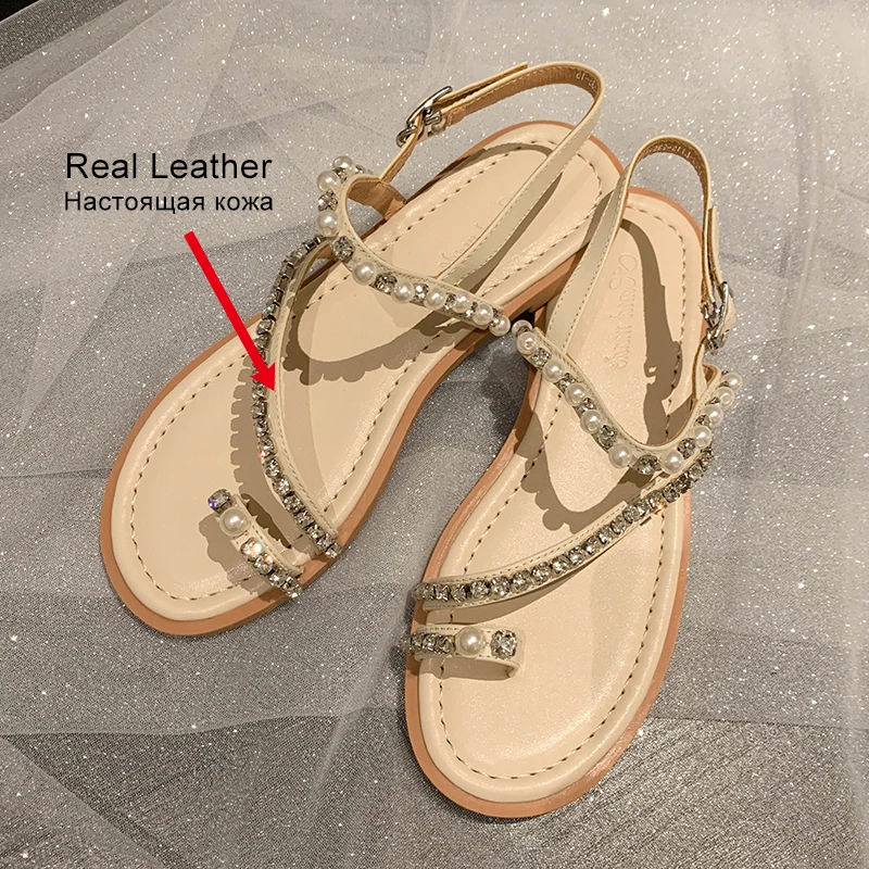 JOZHAMTA Size 34-39 Women Flats Sandals Real Leather Crystal Low Heels Summer Beach Shoes Casual Daily Flip Flops Vacation Dress