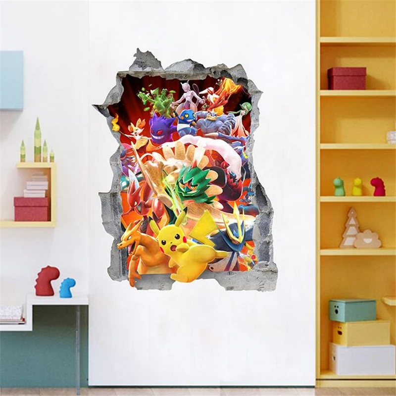 3D Cartoon Pikachu Wall Sticker For Kids Room Living Room Bedroom Wall Decoration Kids Gifts Door Sticker Movie Poster