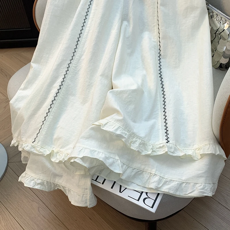 Pantalon ample en coton et lin pour femmes, jambes larges, taille haute, taille élastique, garniture en dentelle brodée, jupe, neuf points, couleur Pure, été