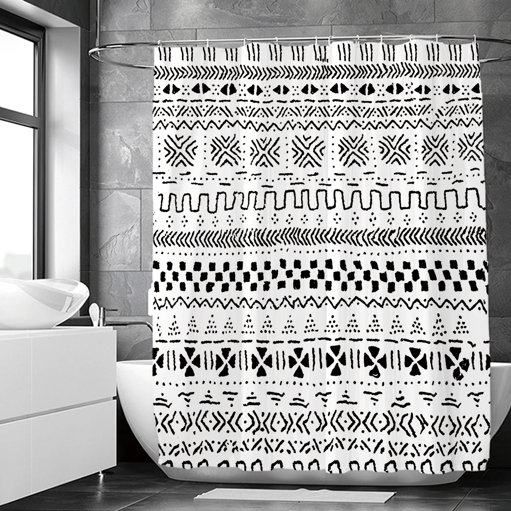 Black and White Simple line Pattern Shower Curtains Bathroom Bathtub Boho Decoration Bath Curtain Home Decor with Hooks