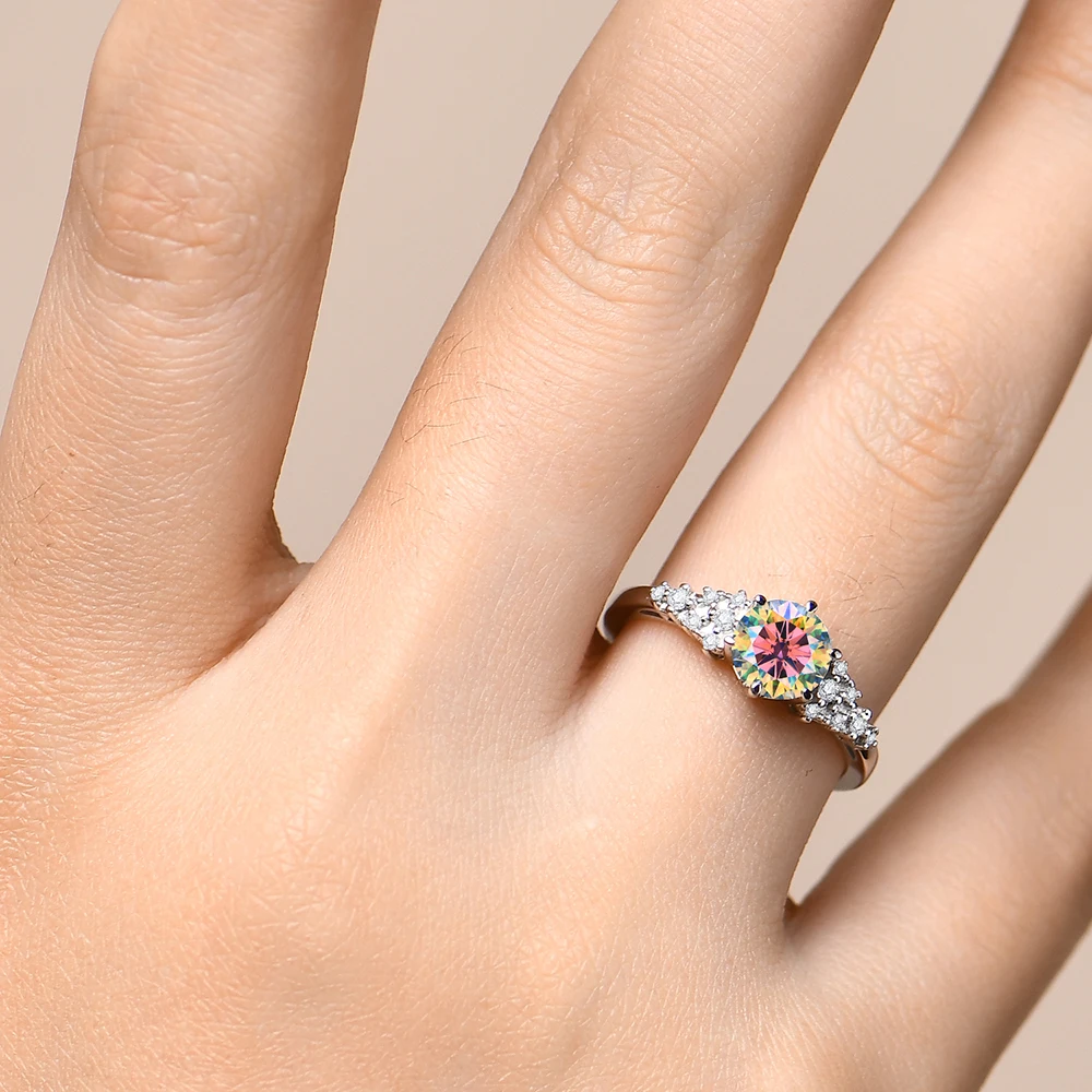 ATTAGEMS Luxurly Round Cut 1.0ct Colored Moissanite Ring for Women Solid 10k 14k 18k White Gold Rings Engagement Anniversary Top
