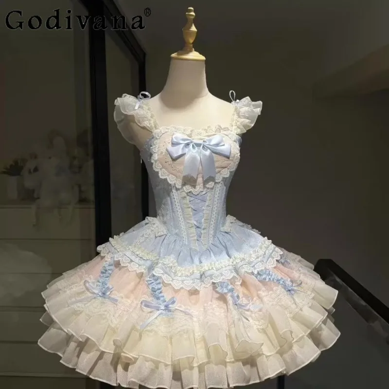 

Dance Pink Blue Heart Sweet Ballet Style Dress Girls Birthday Party JSK Puffy Short Dress Women's Japanese Wedding Dress