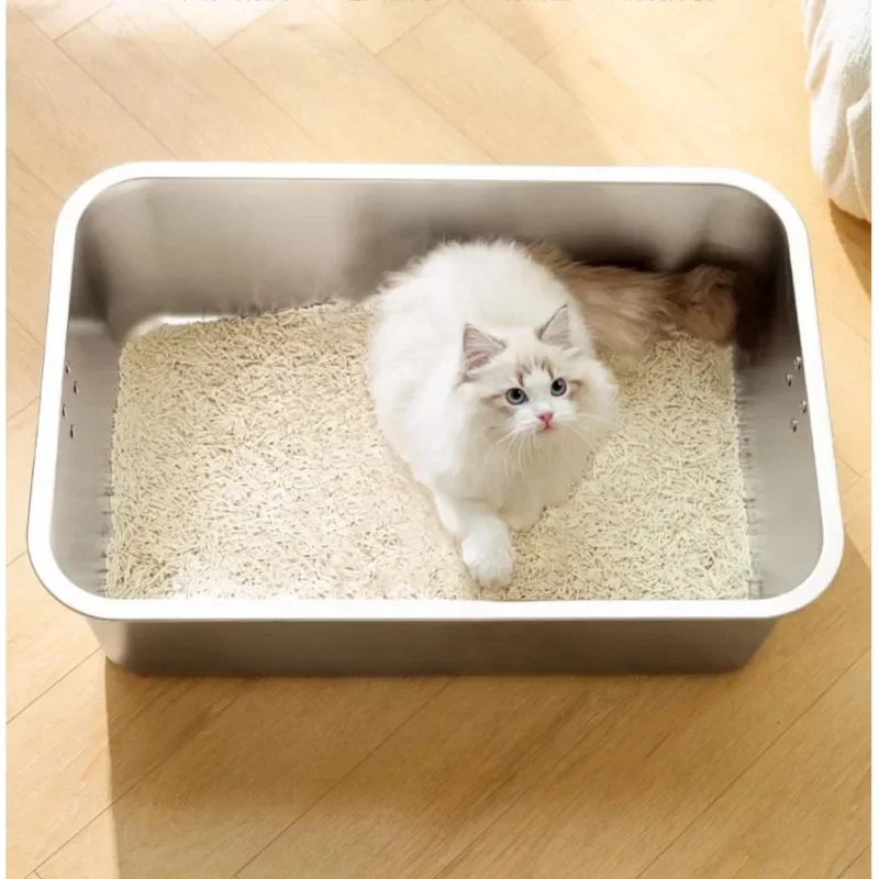 Stainless Steel Cat Litter Box Durable Pet Toilet Stainless Steel Litter Box Large Open Toilet with Splash Prevention