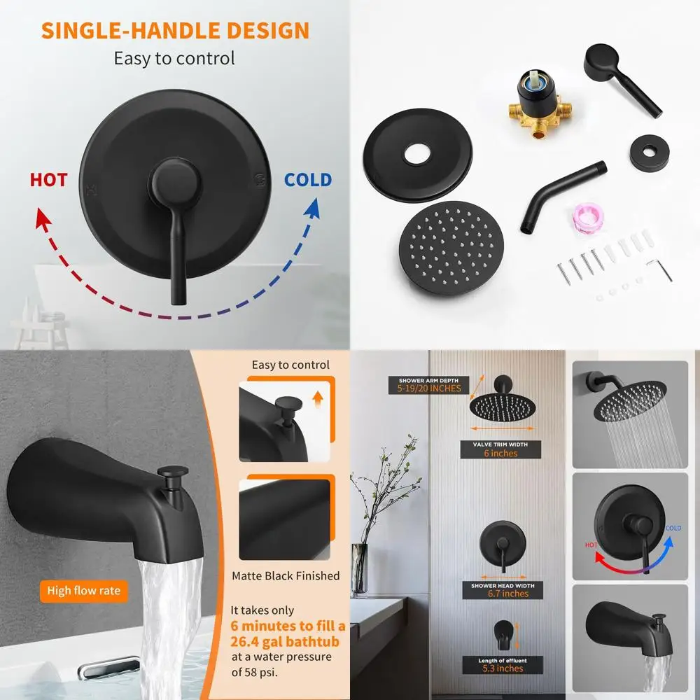 

Matte Black Single-Handle Tub & Shower Set with 6 Rain Shower Head and Tub Spout