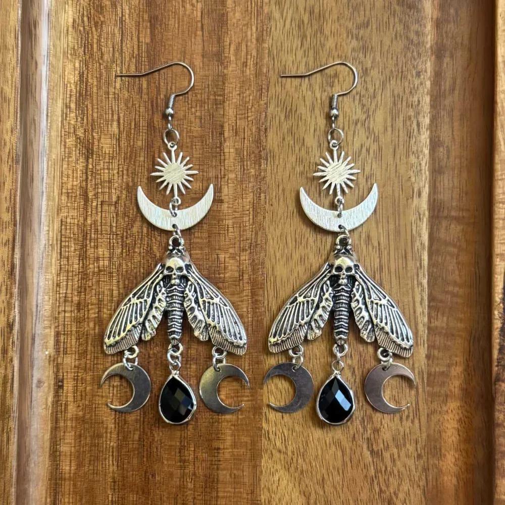 Gothic Death Moth Sun Crescent Moon Black Teardrop Crystal Long Dangle Earrings for Women Halloween Witchy Dark Occult Jewelry