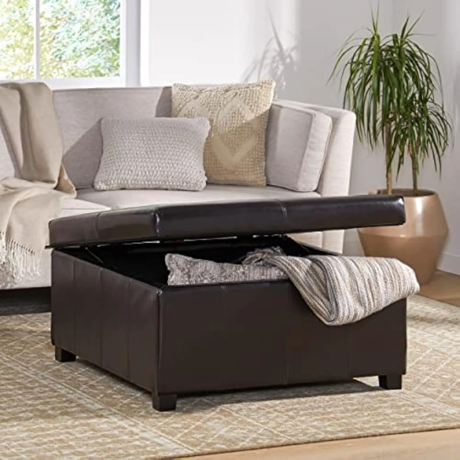 Brown Leather Square Storage Ottoman, Espresso, Contemporary design, comfortable seating ,durable structure ,35