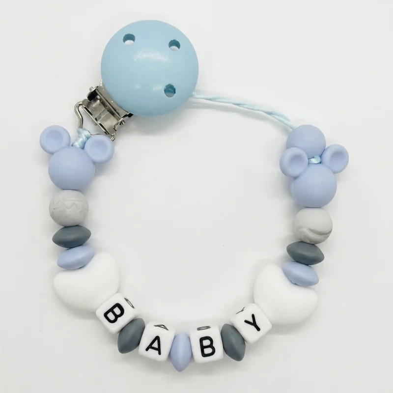 Custom Baby Name Pacifier Holder Blue Heart Silicone Beads Handmade Dummy Clip for Boys Shower Gift Nipple Strap Teething Chain
