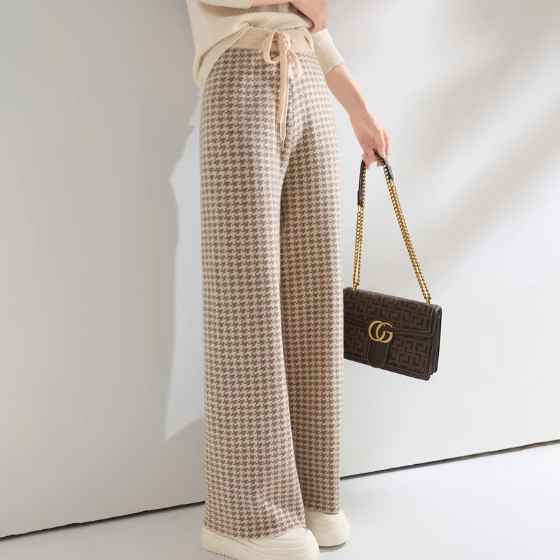 Women Wool Wide Leg Pants Elastic Waist Houndstooth Pattern Trousers Autumn Winter 100% Merino Wool Trousers Knit Soft Warm Pant