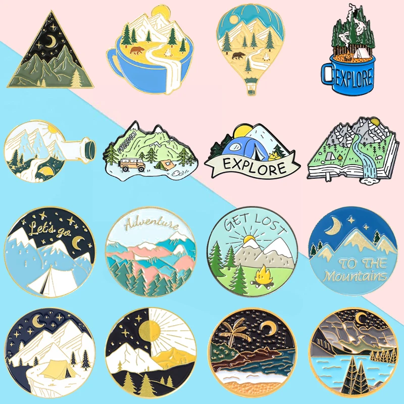 Creative Outdoor Camping Scenery Enamel Pins Crescent Mountains Rivers Sunrise Night Sky Ocean Whale Alloy Brooch Badge Jewelry