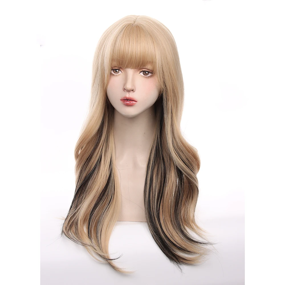 Parrucca Lolita da donna con botto lungo ondulato biondo Ombre nero sintetico resistente al calore per uso quotidiano di feste cosplay