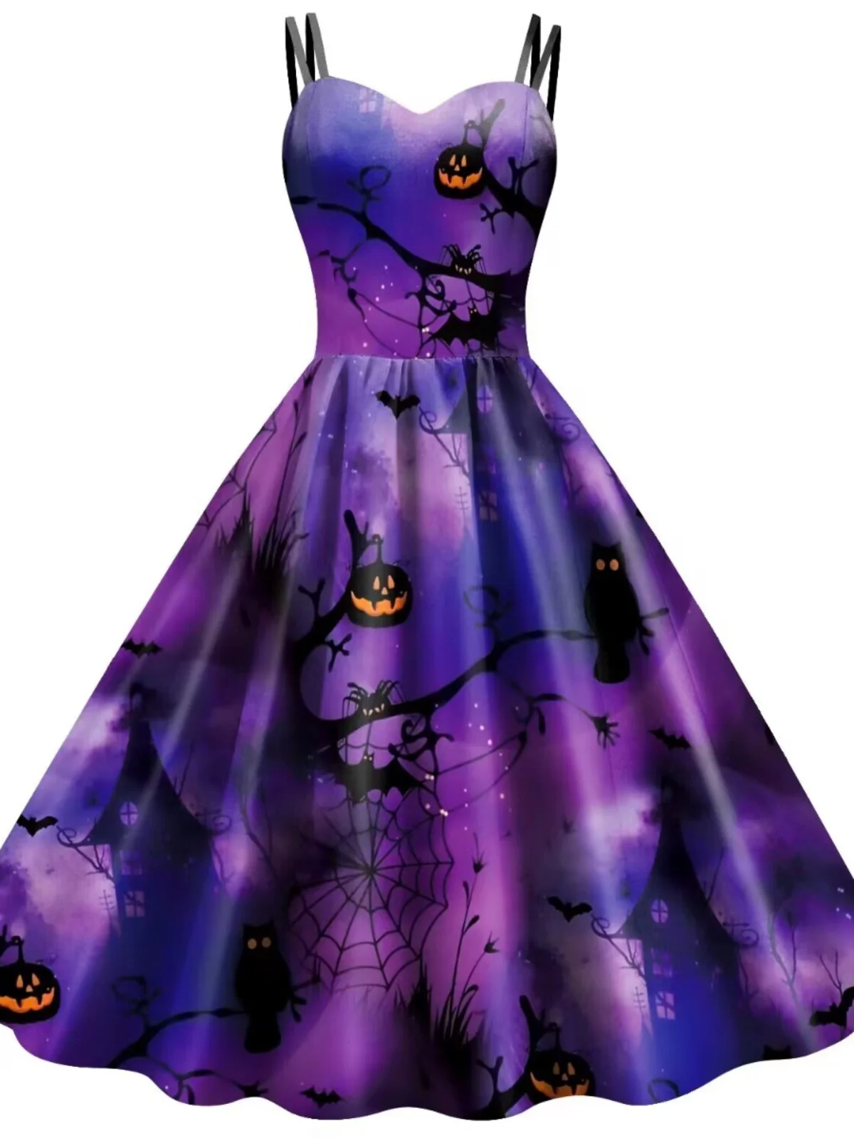 Sexy Slim Fit Bat Pumpkin Cartoon Print ter Dr loween Dames midden taille Polyester Vezel Midi Rok V Ne a Line Dr