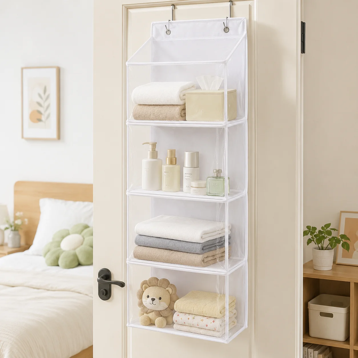 4-Tier Over Door Hanging Organizer Clear PVC Pockets PP Boards for Bedroom Bathroom Clothes Towels Toys Storage