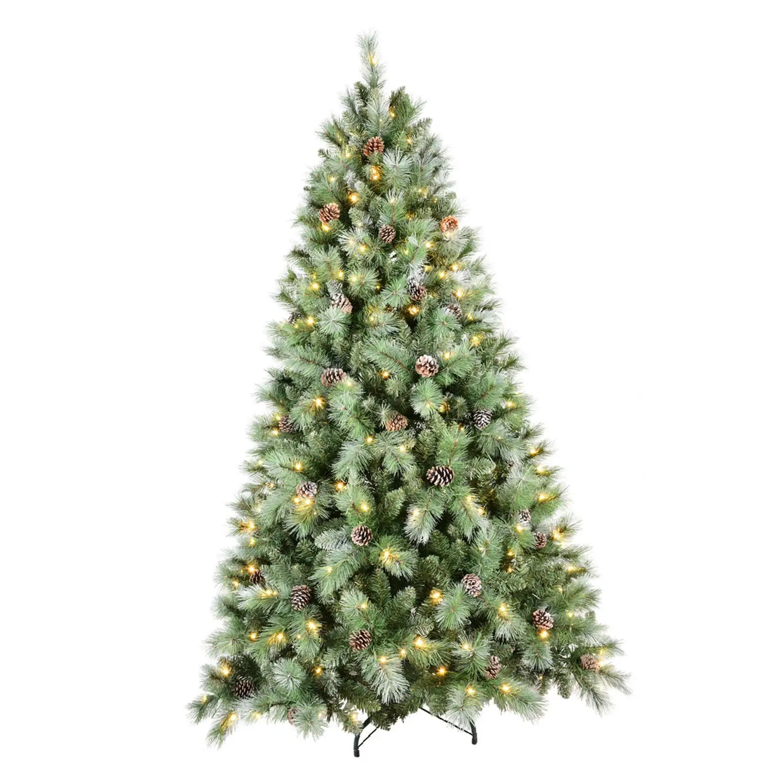 

7FT Artificial Holiday Tree Prelit LED Lights Realistic Hinged Branches Pine Cones Metal Stand for Christmas Home Decoration