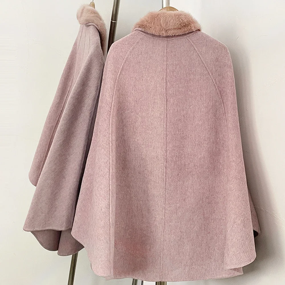 OFTBUY Neue Winter-Kaschmirkleidung Damen-Oberbekleidung Cape-Mantel Wollmantel Echter Nerzpelzkragen Schnallenverschluss Vorne Mittellange Wolljacke – Detail 12
