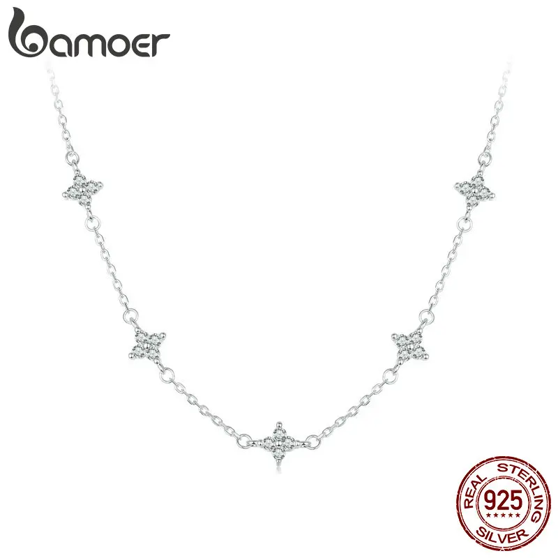 BAMOER 925 Sterling Silver Dainty Stars Necklace for Women, Four-Leaf Clover CZ Choker Chain Necklace Trendy Jewelry Gift BSN394