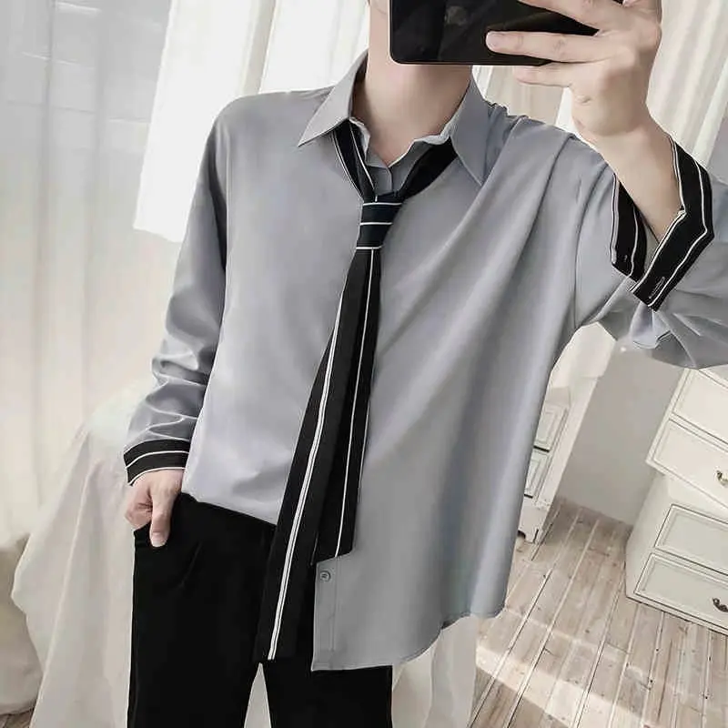 

EBAIHUI Preppy Style Men's Shirt New Vintage Tie Male Blouse Spring Summer Polo Neck Loose Long Sleeve Cardigan Blusas Top