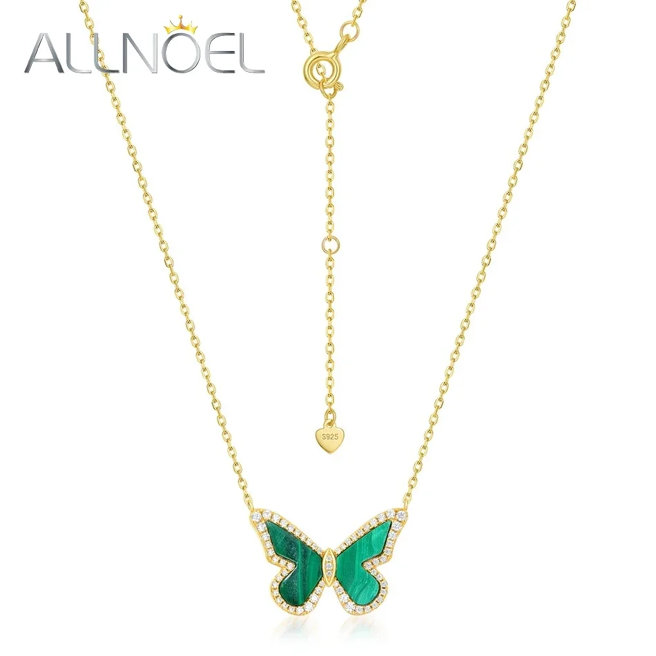 

ALLNOEL 925 Sterling Silver Necklace For Women Natural Malachite Bow Knot Butterfly Elegant Anniversary Gift Fine Jewelry