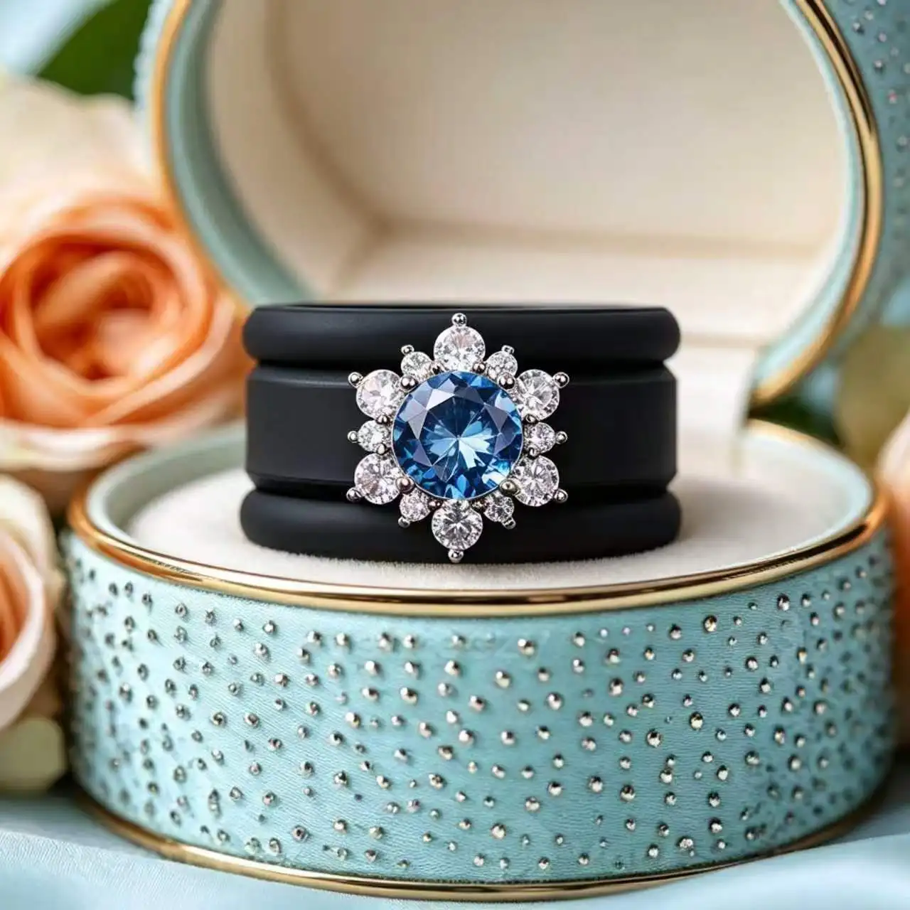 Women's Stackable White Silicone Rings Set with Sunflower-Shaped CZ; Comfortable, Sporty Silicone Finger Jewelry