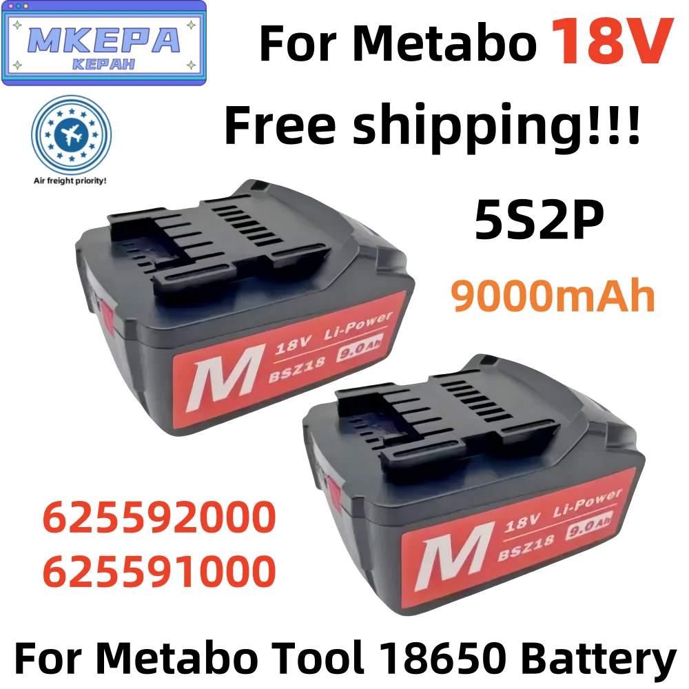 Bateria para ferramenta elétrica sem for Metabo, Drivers de broca, Martelos de chave, 18V, 9000mAh, 9.0Ah, 625592000, 625591000