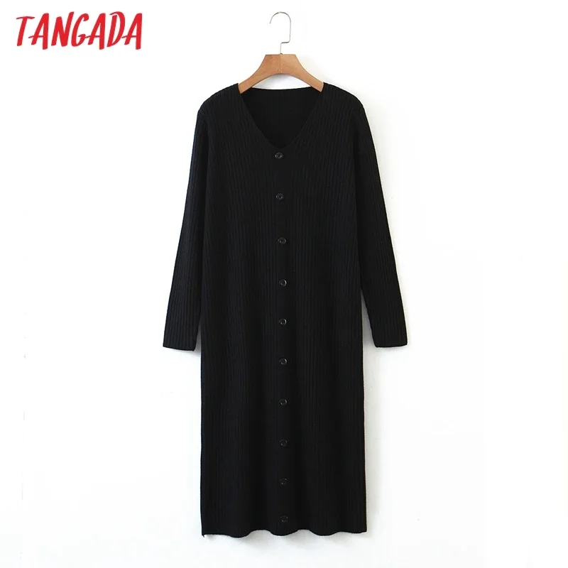 Tangada 2022 Fashion Women Solid Elegant Sweater Dress Loose Long Sleeve V Neck Ladies Warm Midi Dress QB234