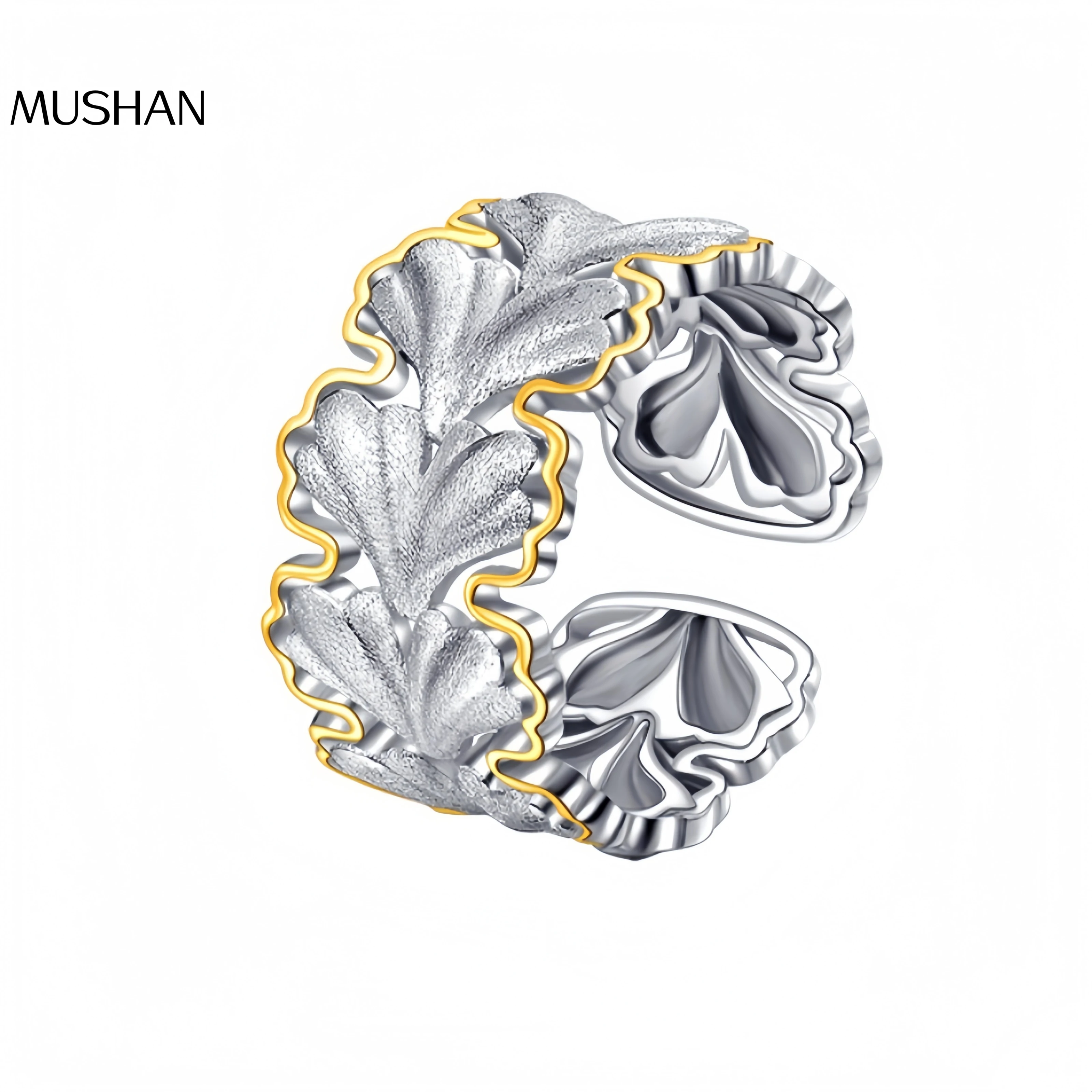 

MuShan Элитный бренд матовое золото полое кольцо с листьями гинкго 18 К позолоченные кольца из стерлингового серебра 925 пробы ювелирные изделия