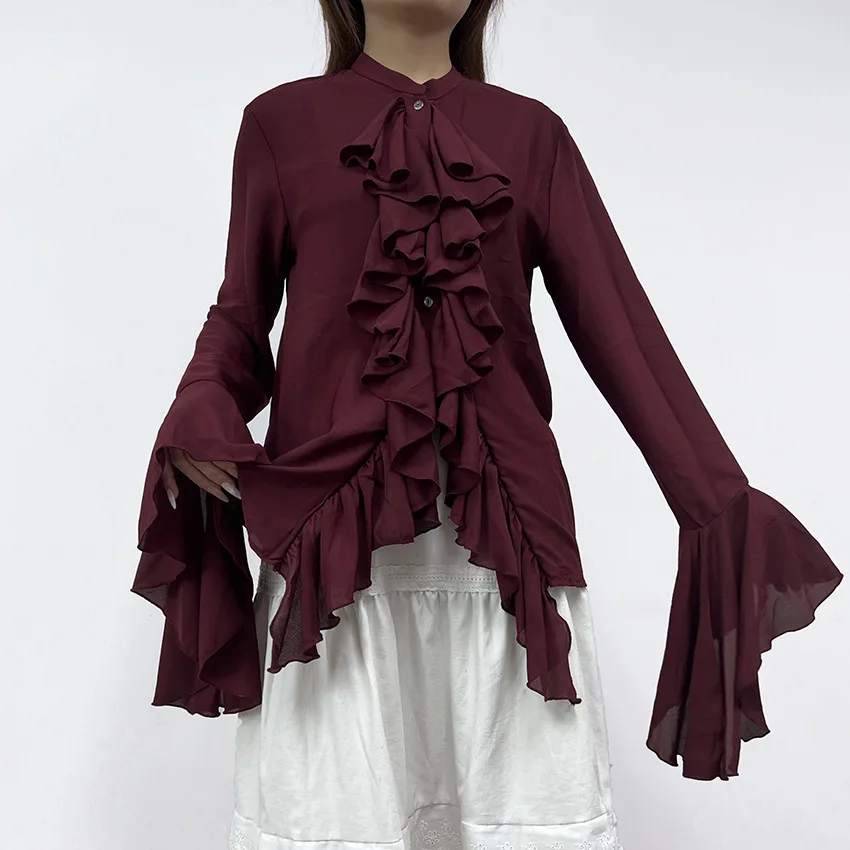 Elegant Retro Shirt Autumn Fashion New Round Neck Single Breasted Ruffle Bell Sleeve Burgundy Shirt Loose Casual Banquet Top