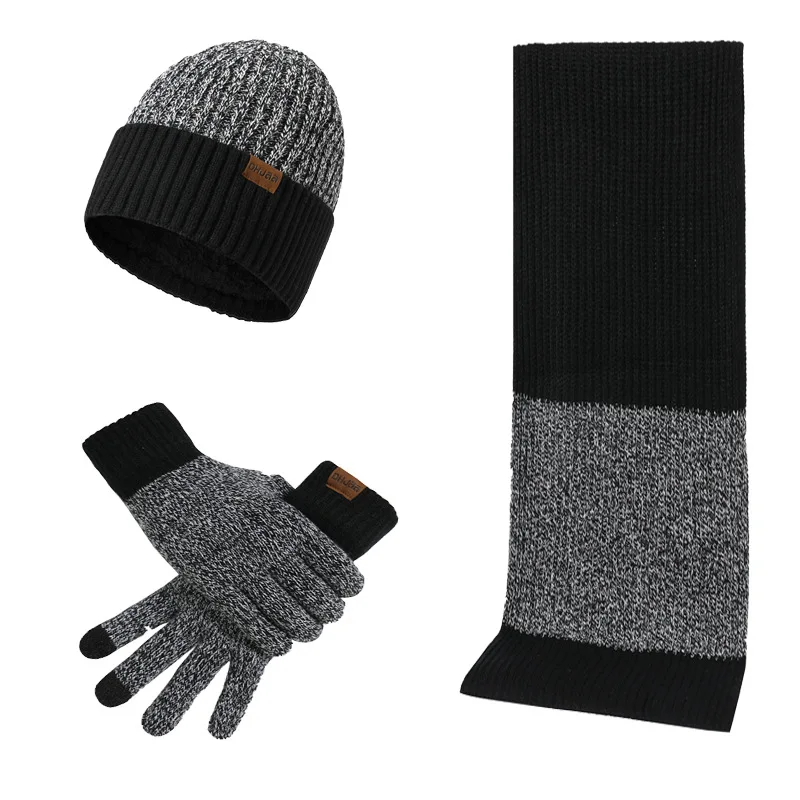 Men\'s Autumn Winter Keep Warm Set Unisex Beanie Gloves Scarf Male Woolen Yarn Knitted Muffler Spring Fall Contrast Color Hat