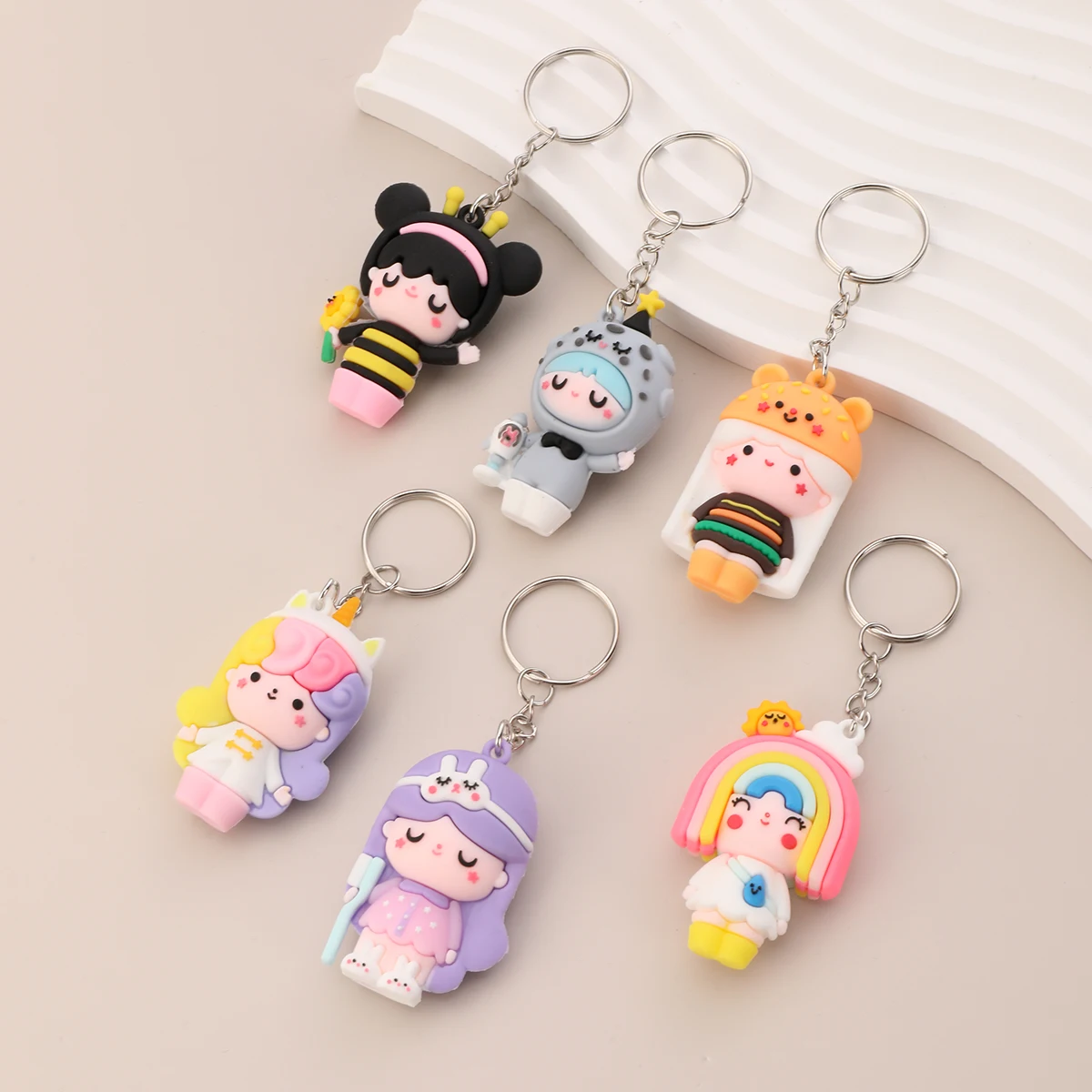 6pcs Cute Riddle Doll Keychain PVC Doll Pendant Cartoon Colorful  Key Chain Keyring Ornament Bag Purse Charm Accessories Easter