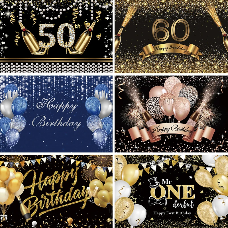 

Laeacco Happy Birthday Party Photo Backdrop Glitter Golden Dots Diamond Balloon Adult Birthday Photography Background Decoration