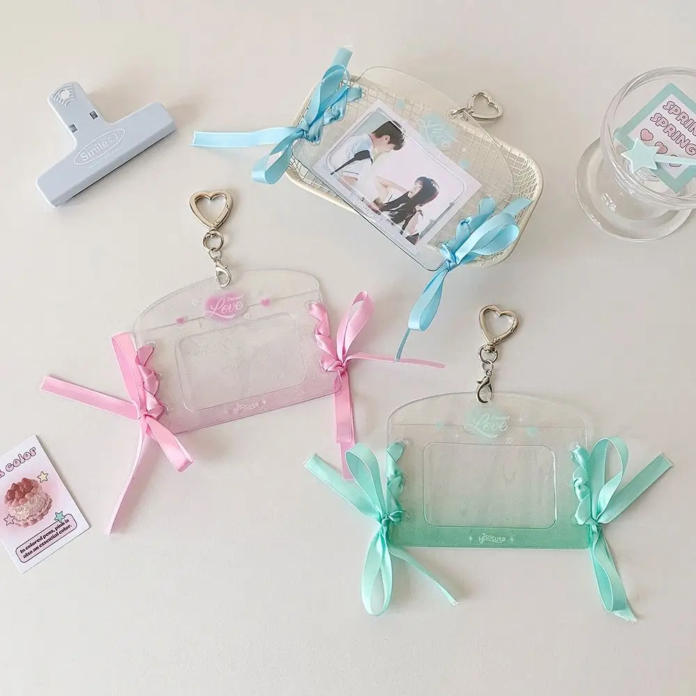 With Keychain DIY Ribbon Photocard Holder PVC Card Cover Love Heart Pendant Idol Card Display Protector Hanging Decoration