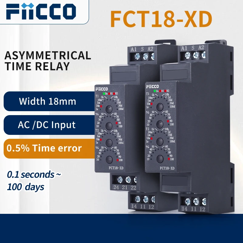 

Fiicco FCT18-XD Timer Relay 18mm DIN Rail AC230V Asymmetrical On-delay and Off-delay with NPN/PNP Control Signal Time Relay