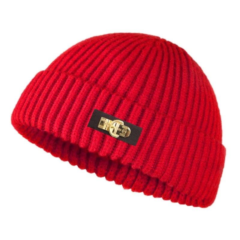 Leather label melon skin hat, autumn and winter knitted hat, men's and women's outdoor warm hat, Baotou, brimless cold hat