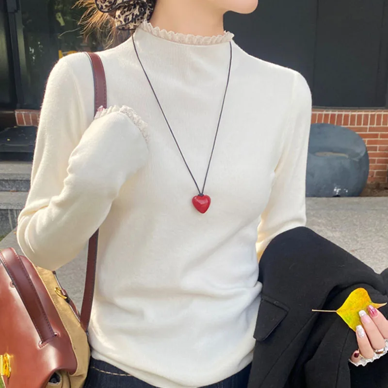 

Knitted Sweater Women Pullovers New Long Sleeve Lace Knitwears Knit Sweater Pullover Women Tops Black Mock Neck Sweaters Q1650