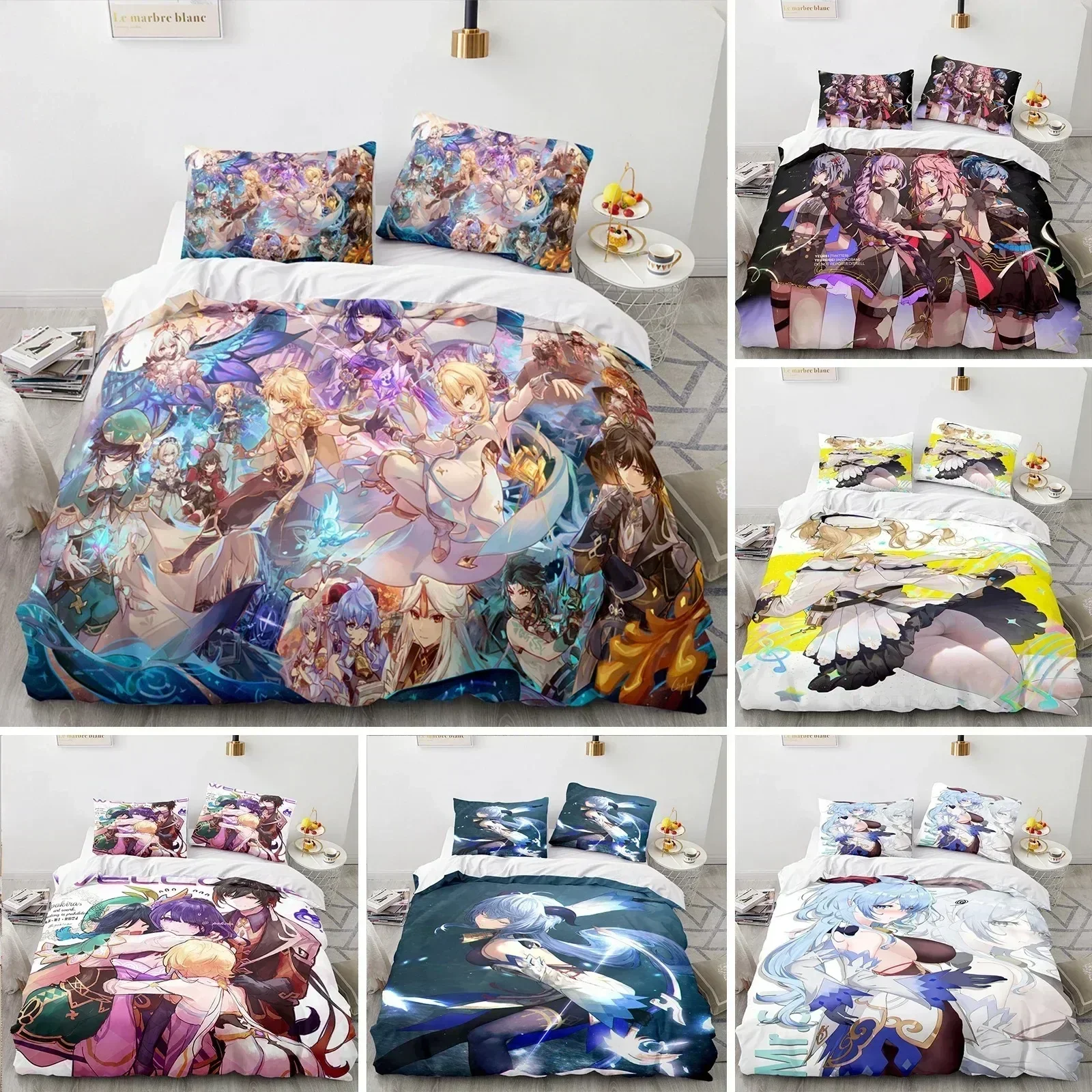 Genshin Impact Bedding Set Duvet Cover Sheet Printed Bed Set Pillowcase Bed Full Queen King Size Comforter Bedroom