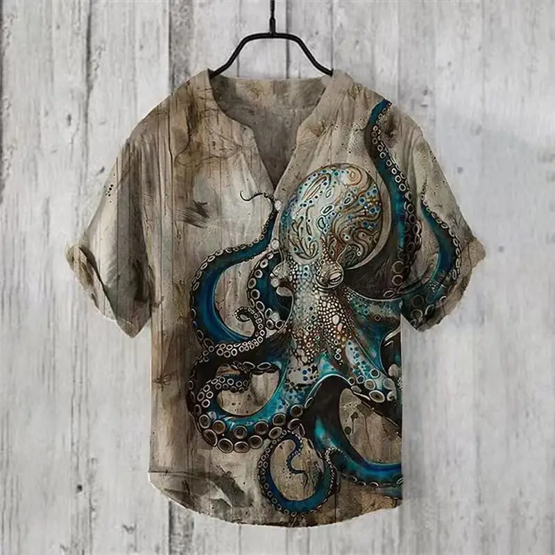 

Tiki3D digital heat transfer printing cool octopus pattern bamboo knot linen 3 button standing collar short sleeved shirt