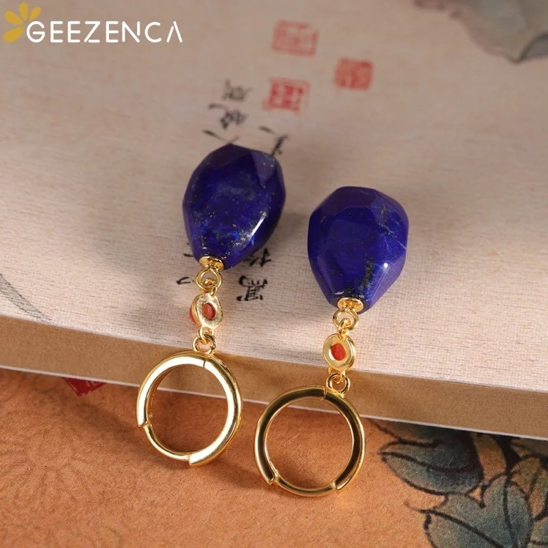 GEEZENCA 925 Silver Lapis Lazuli Agate Women Drop Earrings 18K Gold Simple Geometric Pendant Hoops Dangle Earring Gift For Her