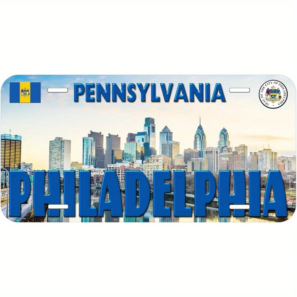 Philadelphia Pennsylvania Novelty Car License Plates - Aluminum Wall-Mounted Decor with City Skyline & State Flag Design, Moder