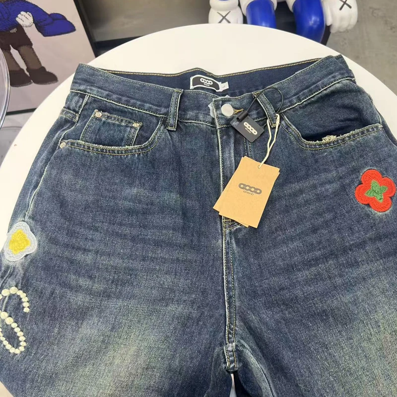 25ss azul escuro neutro all-match goodbrand jeans de perna reta flor bordado estilo unissex casual bom calças