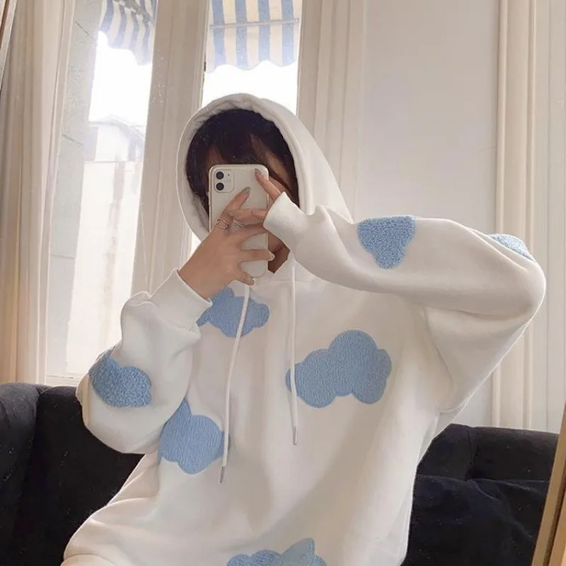 Women Autumn Winter Long Sleeve Casual Pullover 2023 Blue Sky White Clouds Soft Hooded Top Lady Sweater Jumper Loose Sweatshirt