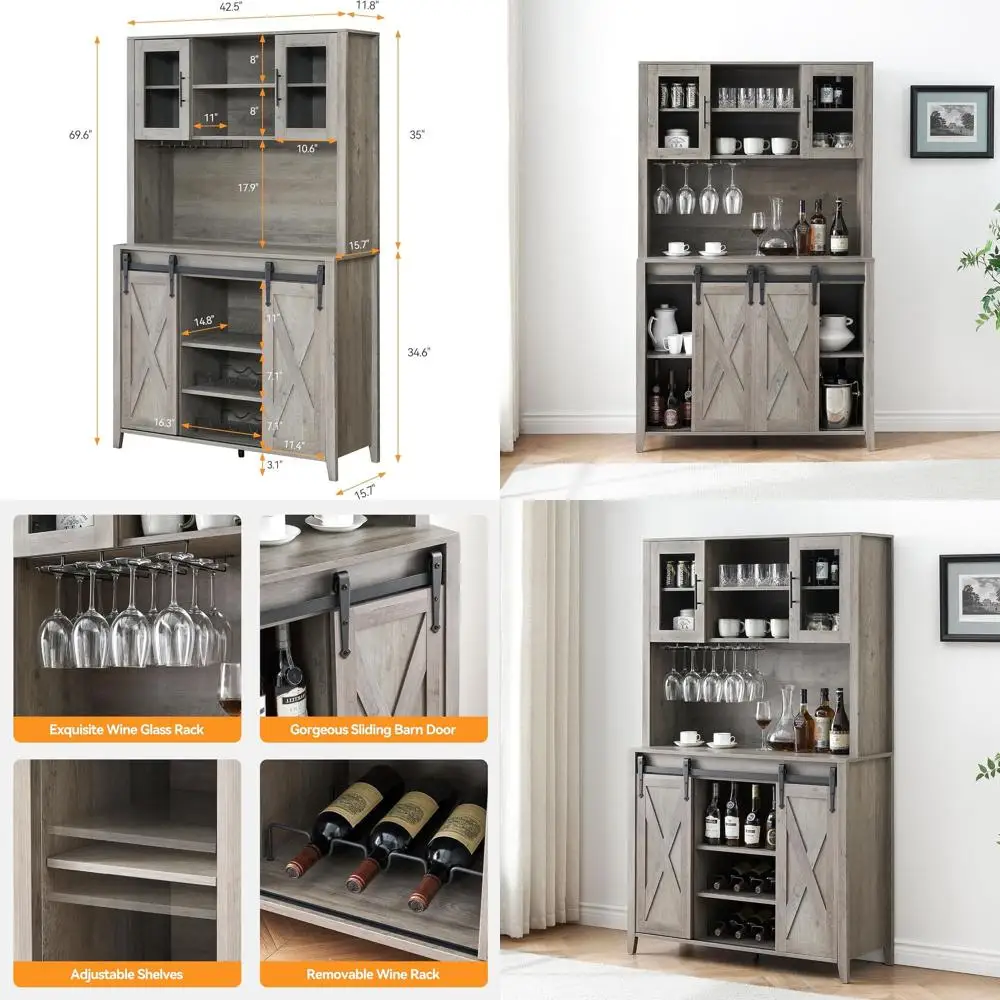 

Gray Oak Tall Kitchen Pantry Cabinet with Sliding Barn Door, 70 Wine & Liquor Storage, Glass Rack for Dining Room