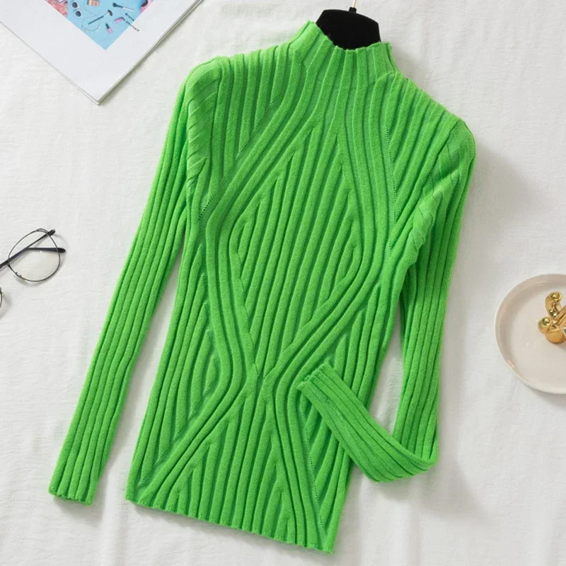 Autumn Winter Long Sleeve Knitted Sweater Half Turtleneck Women Sweater Vintage Basic Knitwear Tops Casual Slim Pullover Jumpers