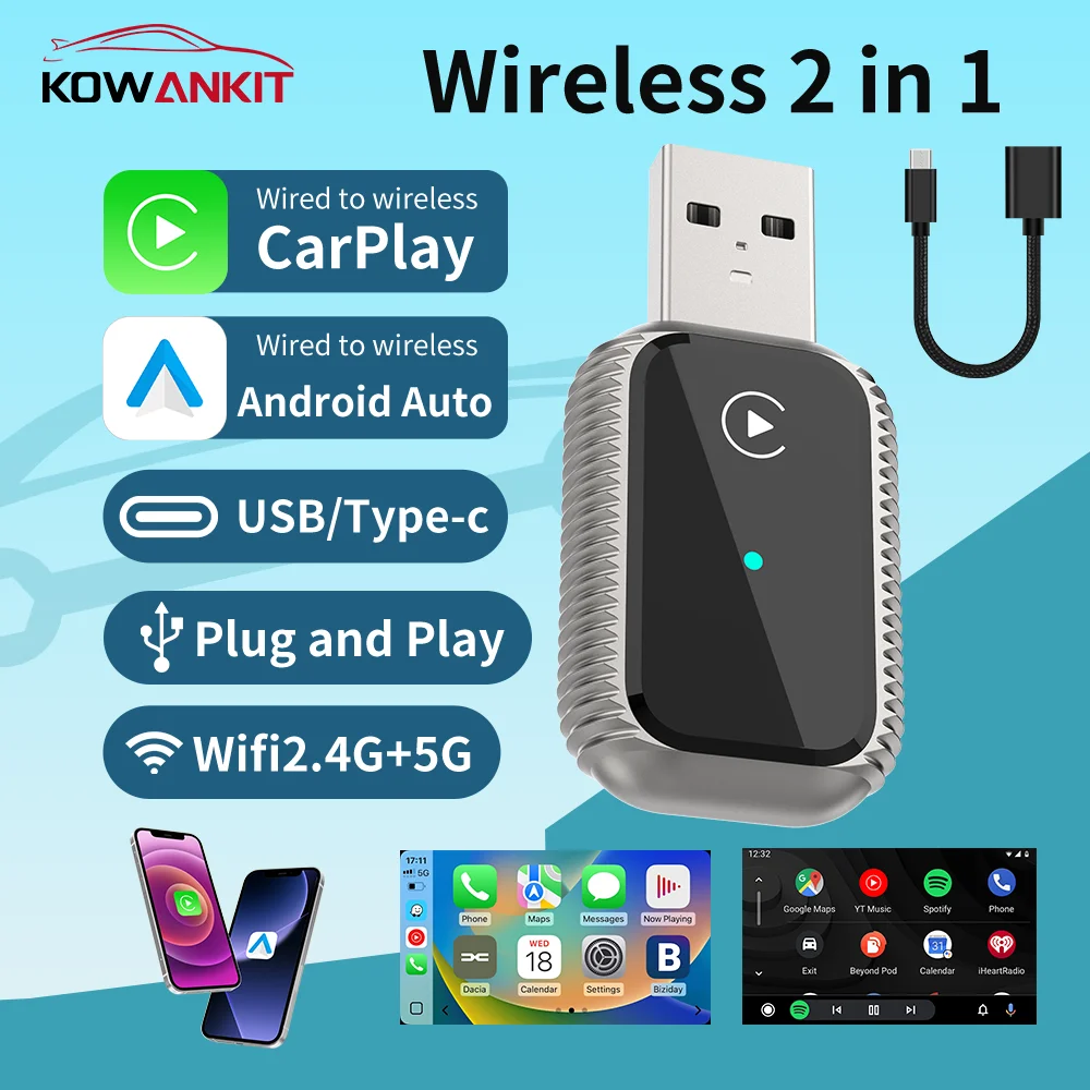 

Беспроводной адаптер KowanKit 2026 для CarPlay и Android Auto 2-в-1, USB-приставка Smart Mini AI Box для автомобиля с Bluetooth, Plug & Play