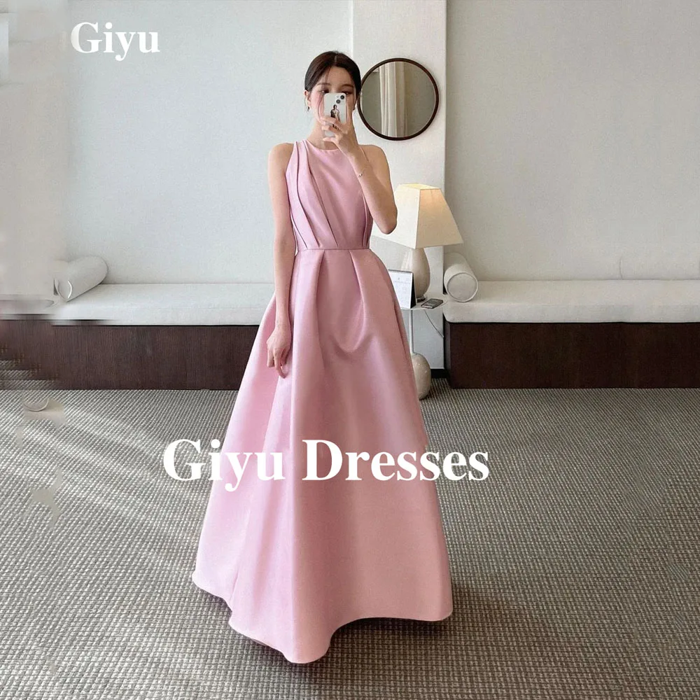 Giyu Elegant Pink Satin Evening Dress Korean Wedding Photography Round Neck Off Shoulder Taffeta Pleated Prom Dress Customized