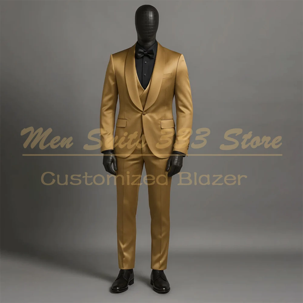

Golden Men's Suits For Wedding Sim Fit One-Button Shawl Lapel 3 Piece Jacket Pants Vest High Quality Festival Blazer